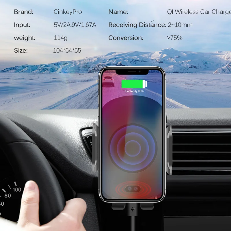 

CinkeyPro Infrared Wireless Car Charger Automatic Induction Holder for iPhone 8 X Samsung S8 QI Air Vent Stand 10W Fast Charging