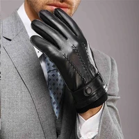 mens genuine leather gloves male cashmere knitted lined black lambskin leather gloves belt button m016wz 1