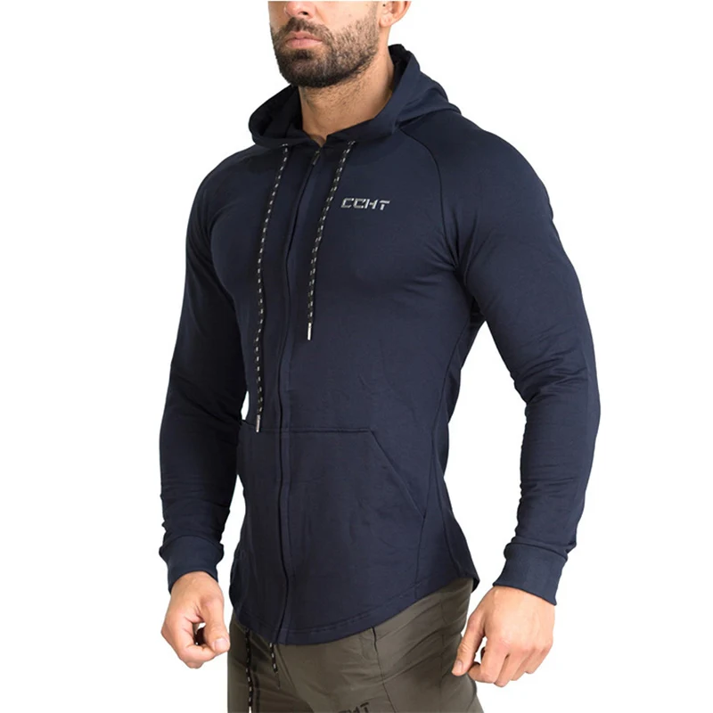 Navy Blue Однотонная спортивная мужская куртка Рашгард с капюшоном для спортзала и фитнеса, куртка для бега, толстовка для спортзала, спортивная одежда - Цвет: Navy Blue