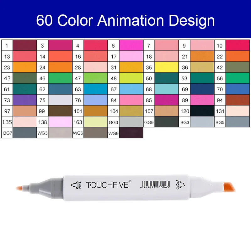 Animation 60 color- Touchfive 168 цветов, набор маркеров, двойная головка, эскизные маркеры, ручка для стандартного пейзажа, рисование манга, анимационный дизайн, товары для рукоделия - Цвет: Animation 60 color-
