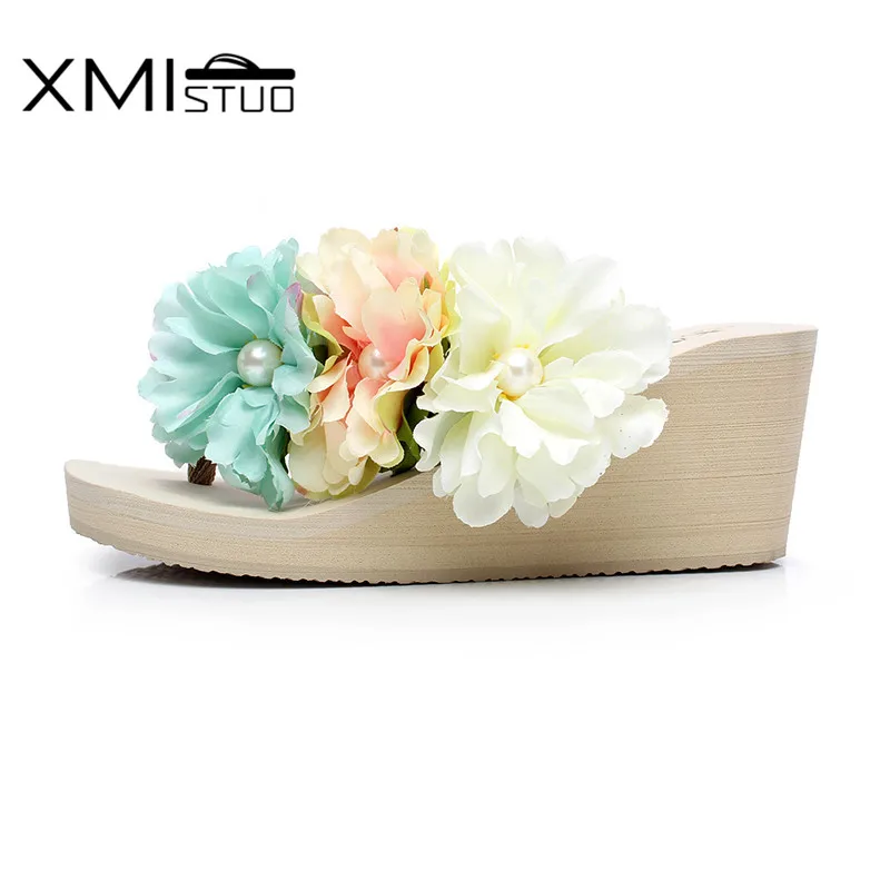 Шлепанцы XMISTUO XM12019 женские пляжные мягкие сланцы высокий каблук 7 см в богемном