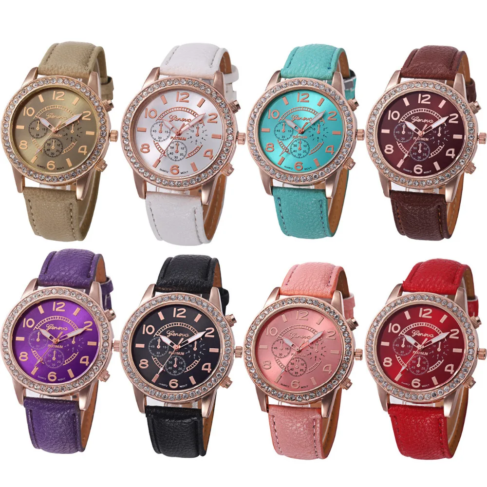 Reloj Mujer Geneva Модные Женские Аналоговые кварцевые наручные часы со стразами и кожаным ремешком, женские часы от ведущего бренда, роскошные часы Giti# A