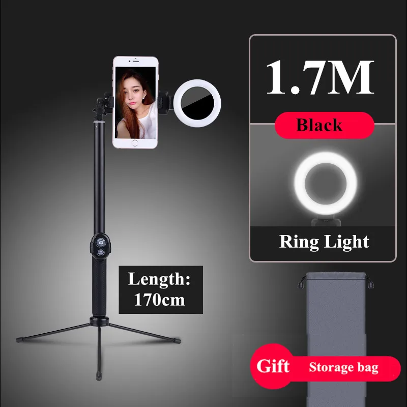 1.7M Black Yes Light 1,7 м, раздвижной штатив для селфи, светодиодный светильник-кольцо, 4 в 1, с моноподом, крепление для телефона, для iPhone X 8, Android, смартфона - Цвет: 1.7M Black Yes Light