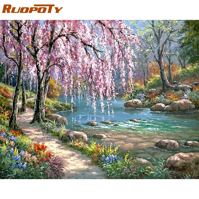 RUOPOTY рамка для рек DIY масло искусство ландшафт Акриловая Краска на холсте