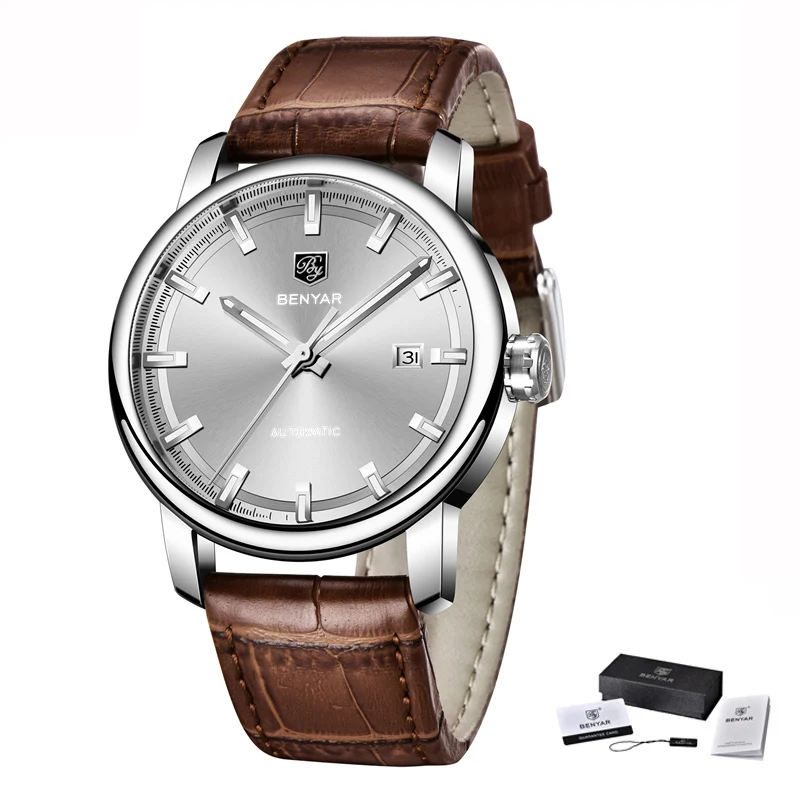 Leather Silver White BENYAR новые деловые мужские механические часы водонепроницаемые из натуральной кожи брендовые Роскошные автоматические наручные часы Relogio Masculino - Цвет: Leather Silver White