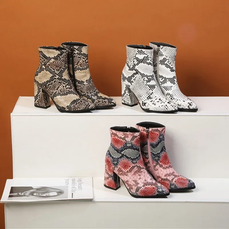 Snake Ankle Boots Women Autumn Winter Lady High Heels A275 Fashion Woman Gold Silver Brown Red Buckle Zipper Pointed Toe Shoes