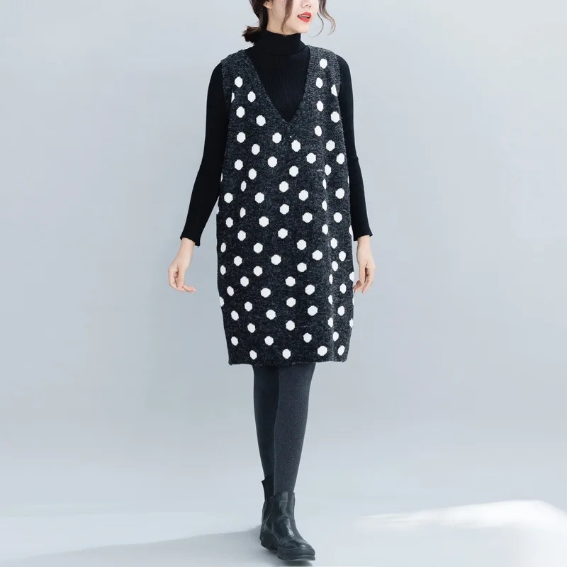 2018 autumn and winter large size women's loose sweater Two-piece suit fashion dot V-neck casual long sweaters | Женская одежда