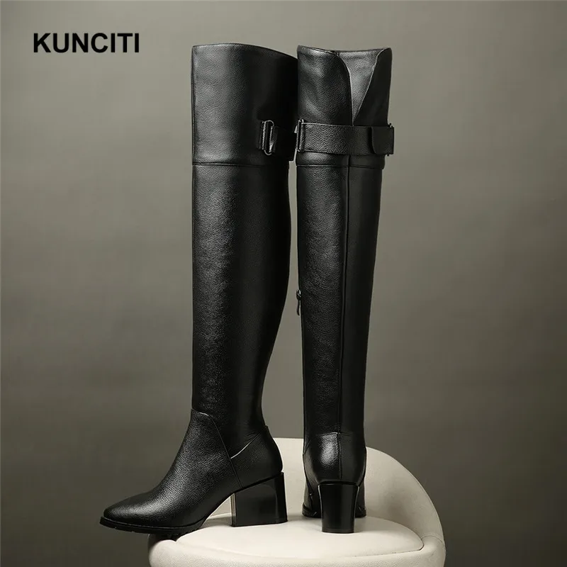 KUNCITI/; Сапоги выше колена; Новая модная женская плюшевая теплая обувь; сезон осень-зима; высокие сапоги до колена на высоком каблуке размера плюс; B08