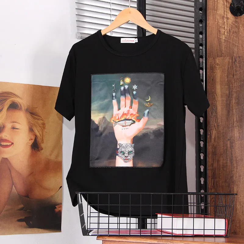 

Hiawatha Plus Size M-XXXL Harajuku T Shirt Women Fashion Hand Personality Print T-Shirts Summer Short Sleeve Tops TX007