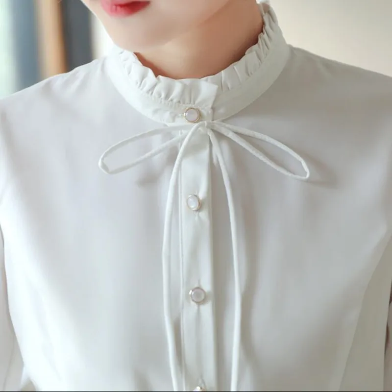 Женская белая блузка с длинным рукавом воротником стойкой и бантом|white shirt women|blouse