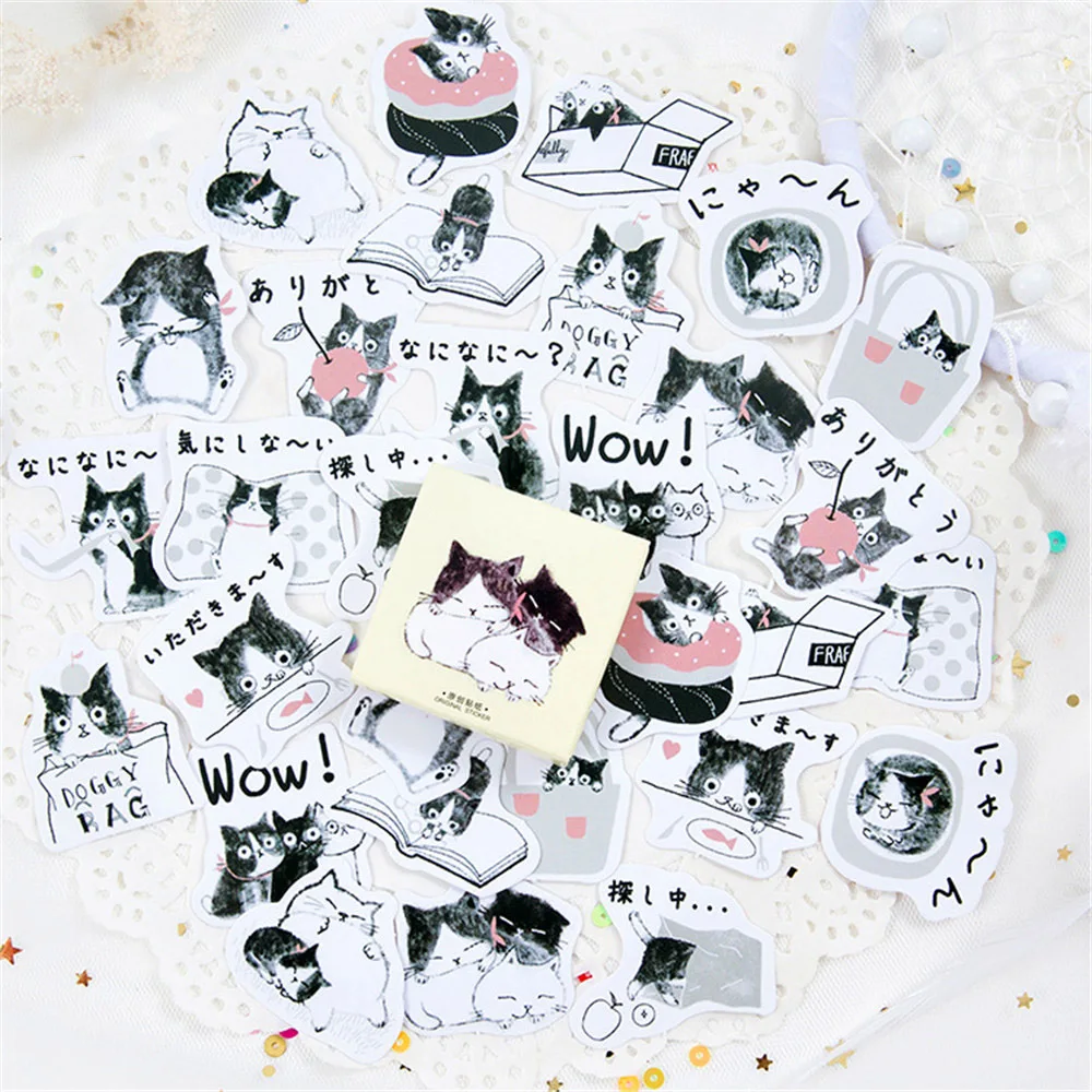 45 шт. черно-белые наклейки для кошек Kawaii Канцелярские товары Papeleria DIY Скрапбукинг