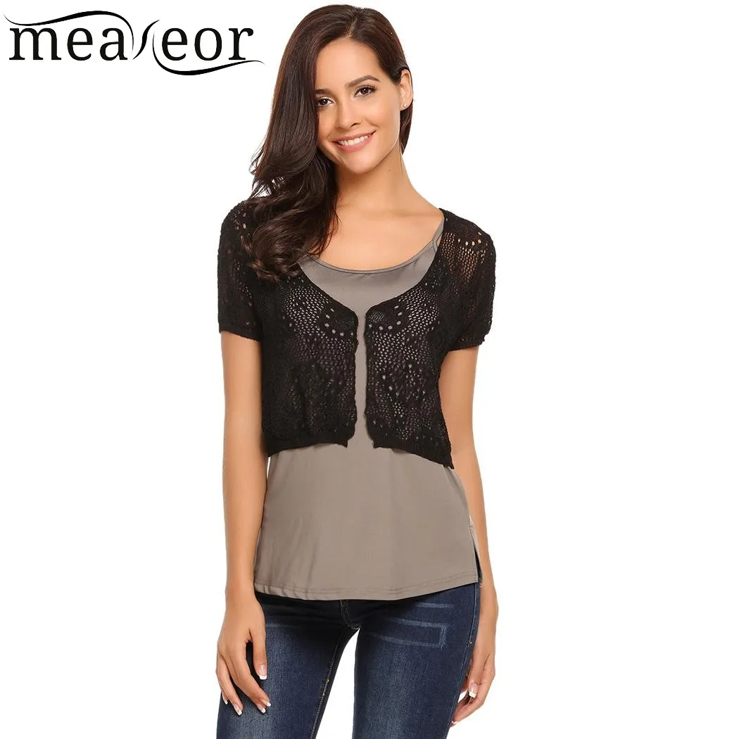 Meaneor Цветочные выдалбливают укороченные кардиганы Shrug спереди открытый короткий