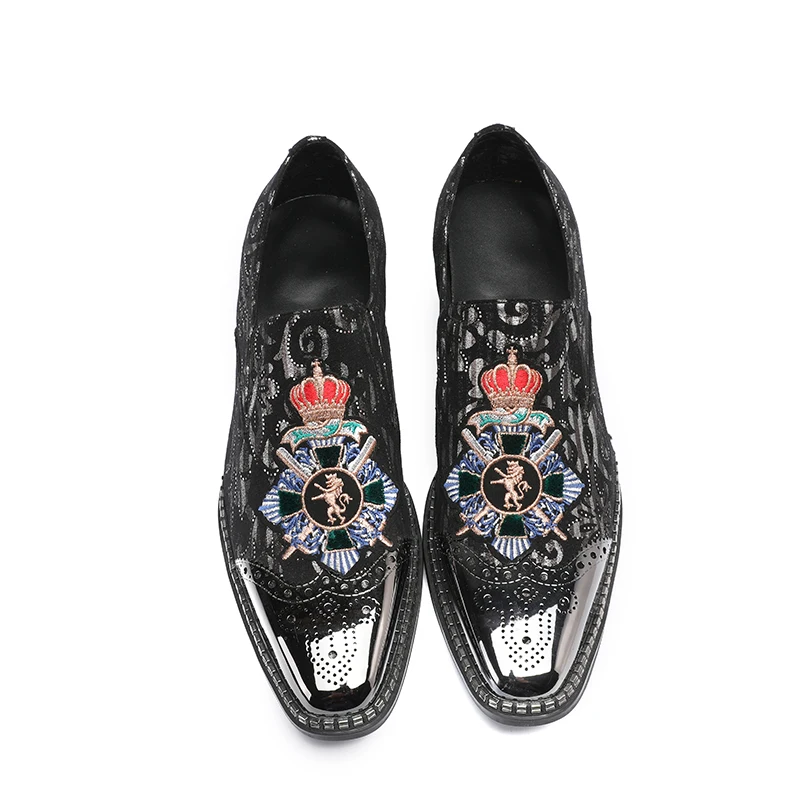 British Style Genuine Leather Men Shoes Slip On Mens Black Brand Dress Loafers Metal Pointed Toe Printed Moccasins | Обувь
