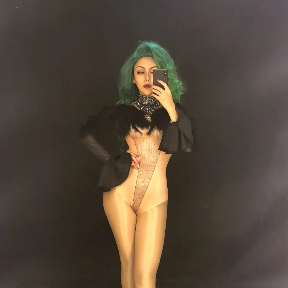 Women Sexy Stage Bodysuit Black Feather Sparkling Crystals Jumpsuit Nightclub Birthday Party Dancer Singer Stage Wear Costumes