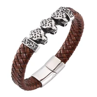 punk men jewelry braided leather bracelet stainless steel magnetic buckle bangles leopard animal bracelet male wristband pw791