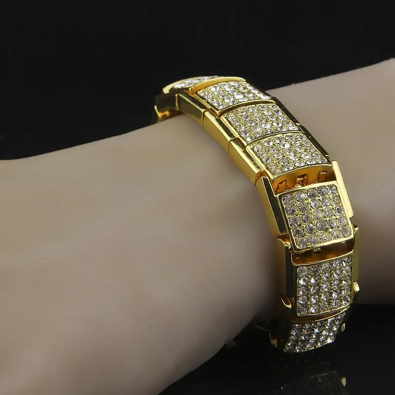 17 мм хип-хоп мужской Браслет Bling Панк ювелирные изделия Iced Out полный горный хрусталь кристалл серебро золото цвет браслет браслеты для женщин 21 см