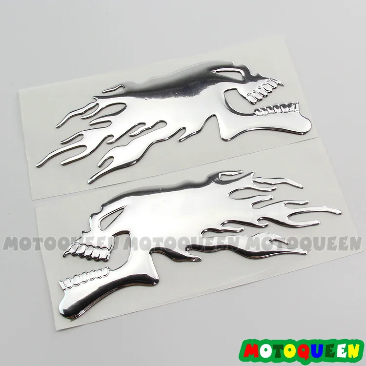 Flame Skull Silver 3D Хром волк Леопард Пламя Череп Мотоцикл Танк накладка наклейка эмблема шлем наклейки для Хэйли Honda Yamaha Kawasaki Suzuki - Color: Flame Skull Silver