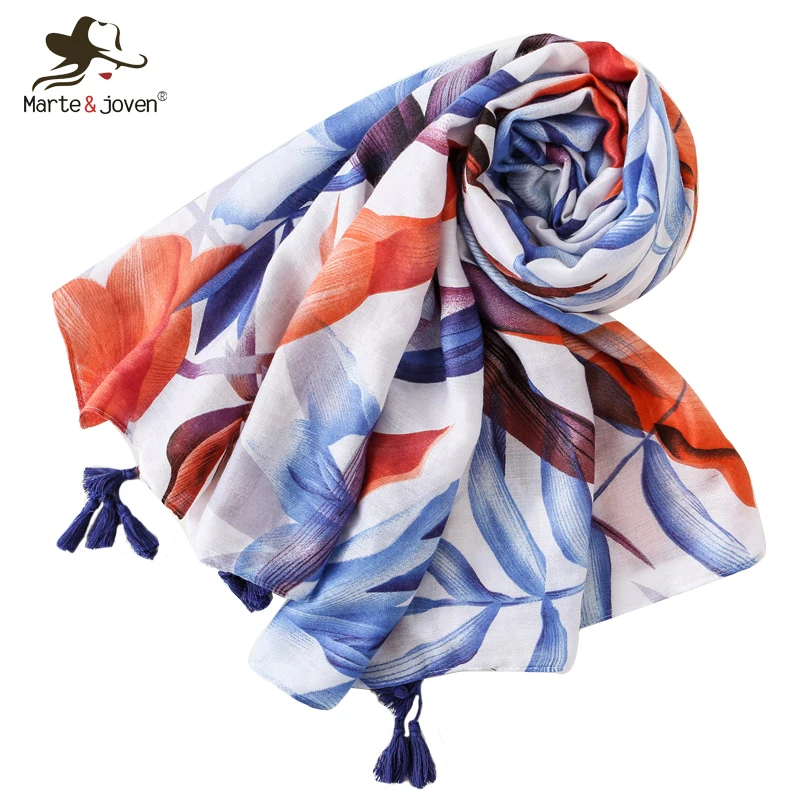 Marte Joven Orange and Blue Big Leaf Print Scarves Women Elegant Summer Sunscreen Beach Wrap Long Shawl for Ladies | Аксессуары для