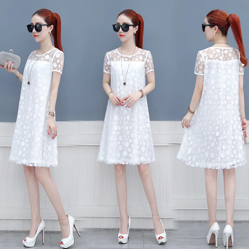 Женское шифоновое платье в горошек белое кружевное свободное до колен одежда для