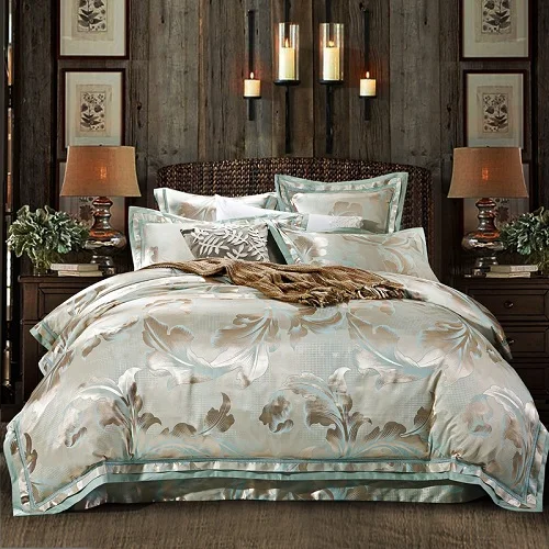 bedding set 14 Роскошный комплект постельного белья из белого и золотистого шелка, жаккарда, королевского размера, хлопок, простыня, простыня, пододеяльник, linge de lit ropa de cama - Цвет: bedding set 14