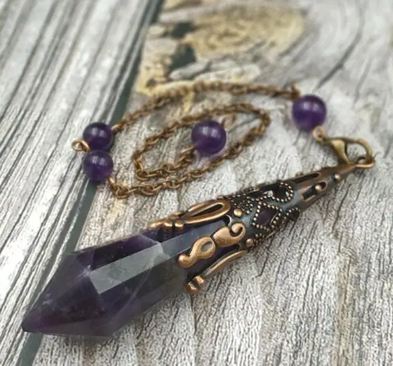amethyst YA3976 Античная бронзовая крышка аметисты лабрадорит камень Точка Исцеление Маятник цепь - Окраска металла: amethyst