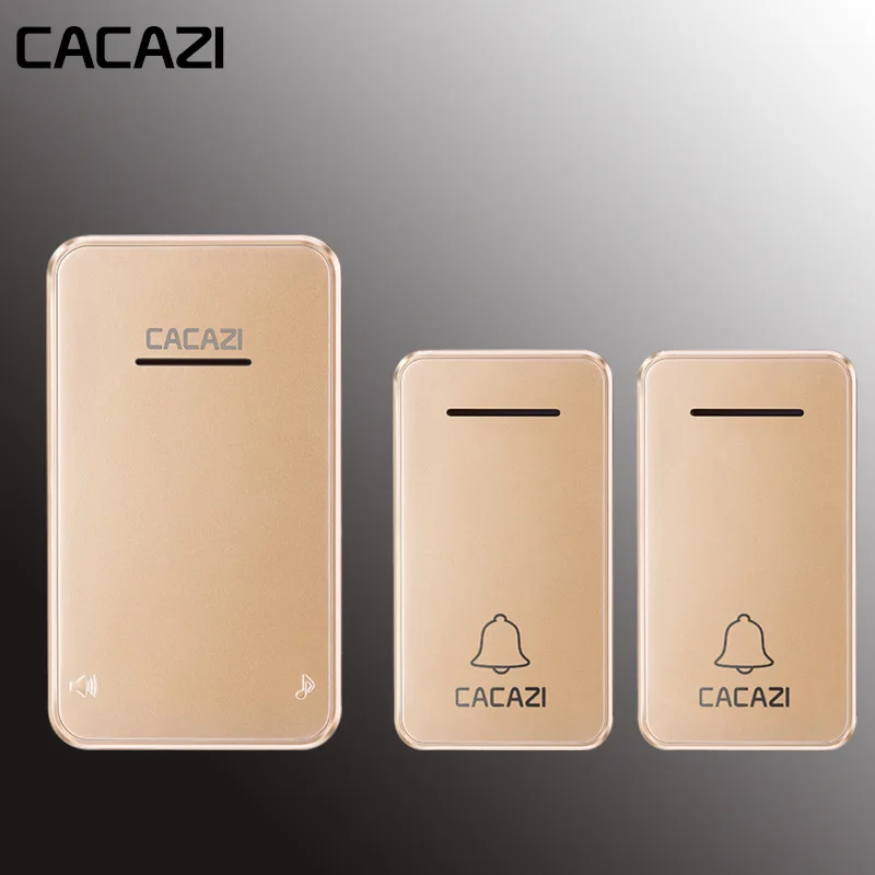 gold2x1 Водонепроницаемый Домашний Беспроводной дверной звонок CACAZI с автономным питанием, 200 м, пульт дистанционного управления, без батареи, светодиодный светильник, звонок-кольцо, ЕС вилка 48 - Цвет: gold2x1