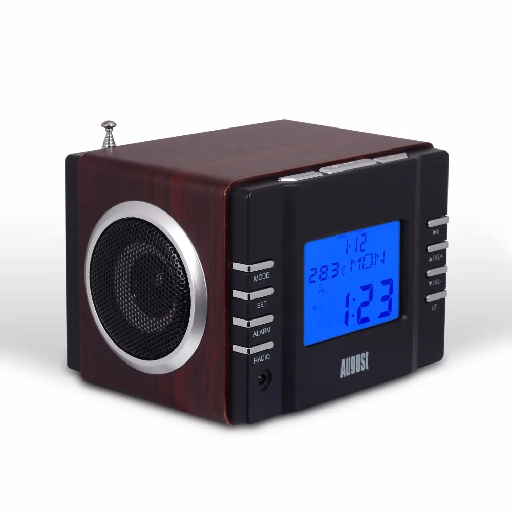 August MB300B деревянная мини стереосистема MP3 и FM радиочасы с SD картридером, разъемами USB и AUX(3.5 мм аудиовход), двумя громкими Hi-Fi динамиками, со встроенным аккумулятором и пультом управления
