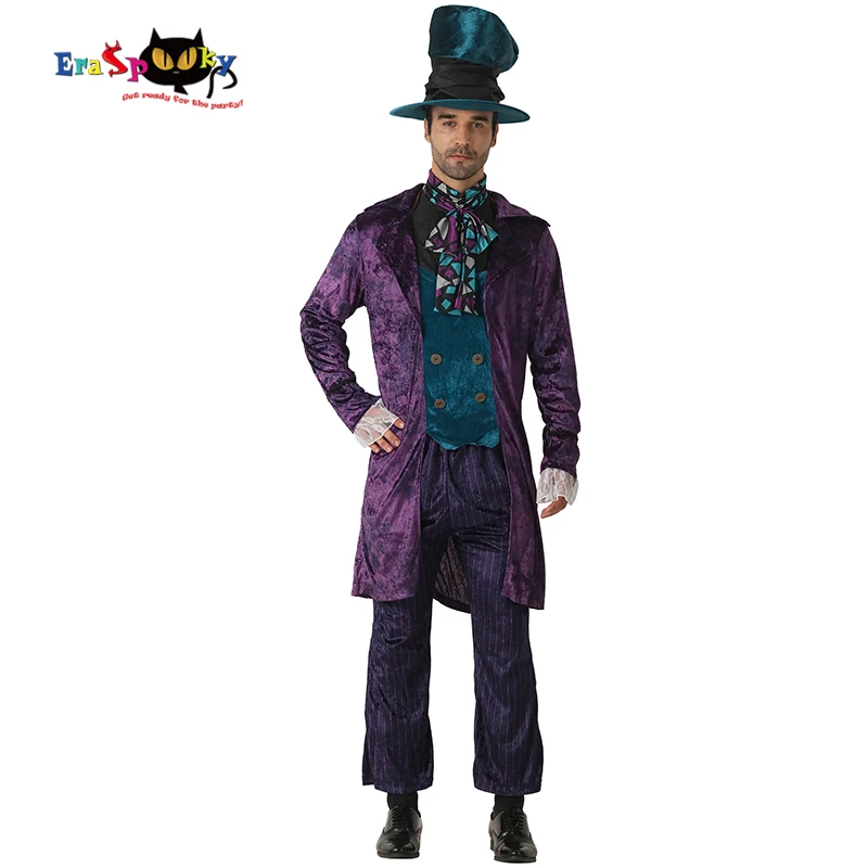 Eraspooky Alice In Wonderland Costume Mad Hatter Cosplay Men Halloween Costume for Adluts Carnival Party Christmas Fancy Dress