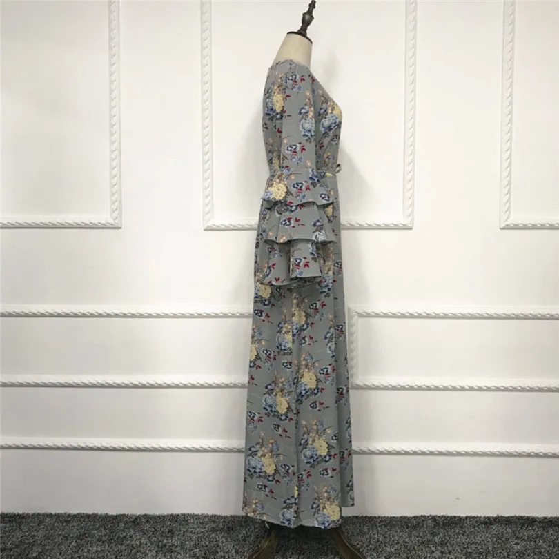 2020 мусульманское платье с цветочным принтом Abaya расклешенными рукавами