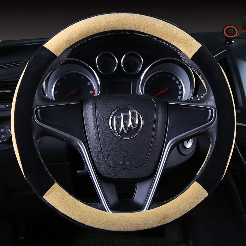 Кожа с фланелевой крышкой для рулевого колеса автомобиля Нескользящая абсорбент сохраняет тепло для рук плюшевое рулевое колесо-крышка - Название цвета: Бежевый