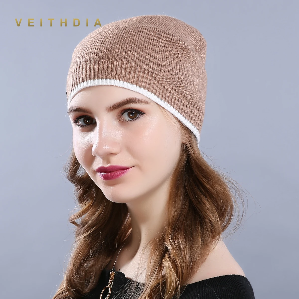 Женская Вязаная Шерстяная Шапка VEITHDIA Повседневная брендовая шапка с фланцем