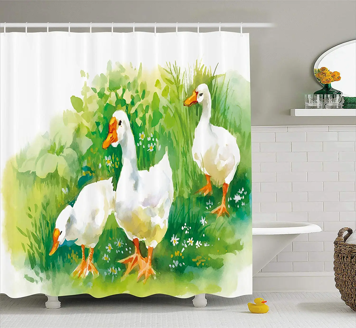 Занавеска для душа с изображением утки гуся на ферме озер растений травы