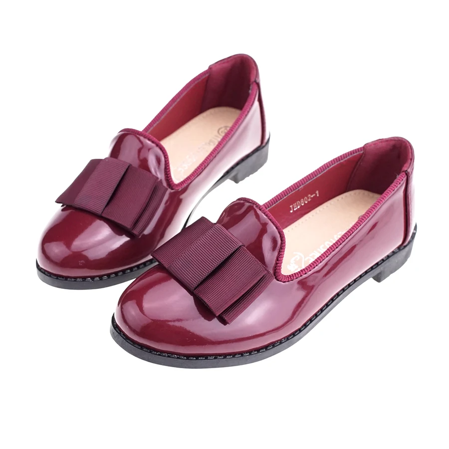 Wine Red Лоферы с закрытым носком для девочек; слипоны из искусственной кожи на плоской подошве; обувь с цветочным узором для девочек; школьная обувь с бантом; 802-1 - Цвет: Wine Red
