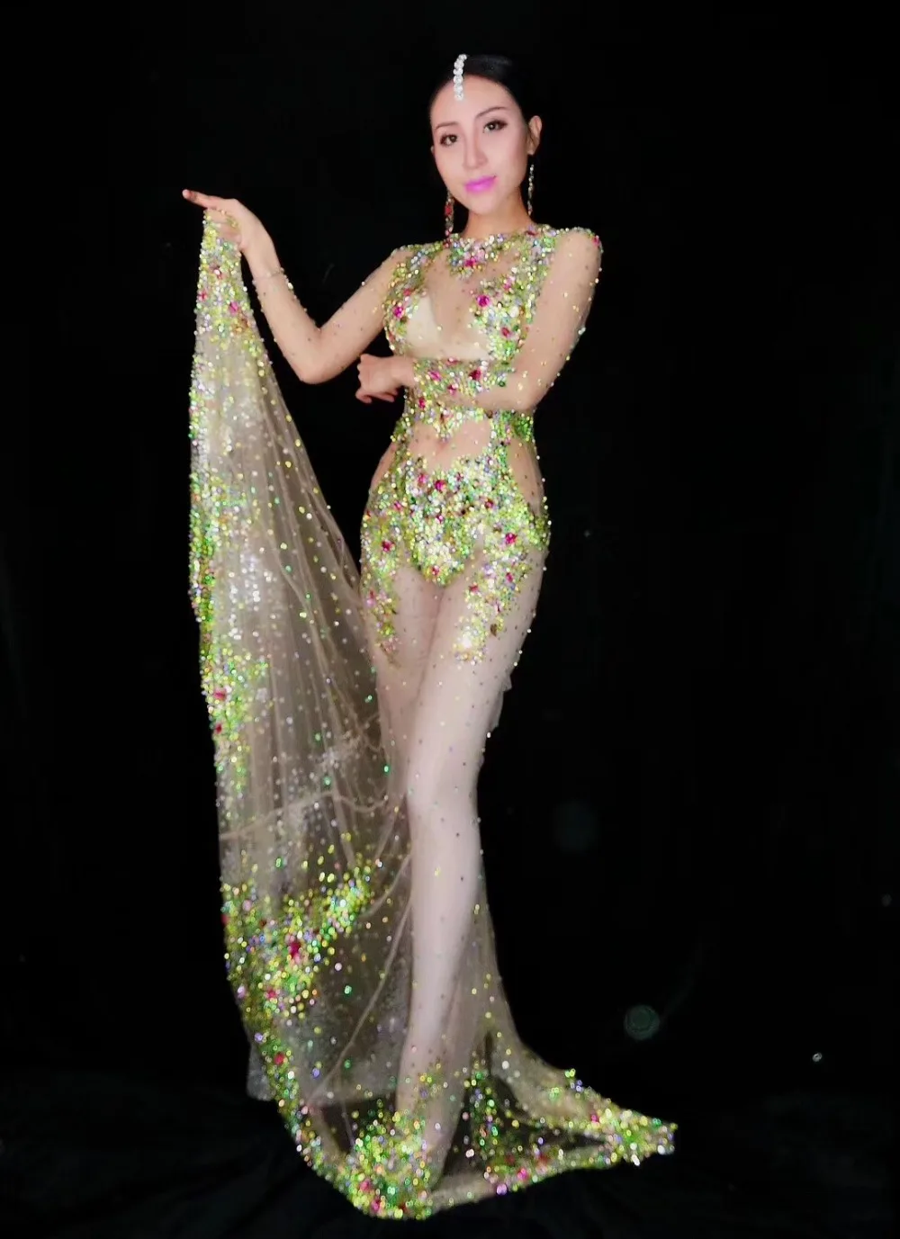 2021 для женщин Новинка Зеленый цвет Блестящие разноцветные стразы прозрачной