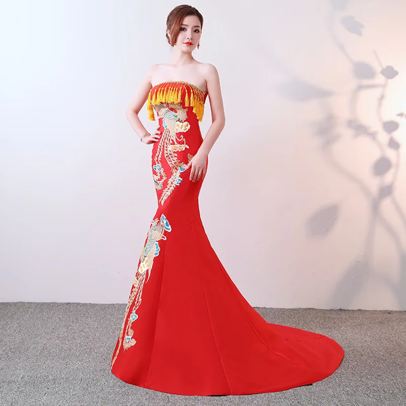 

Red Party Cheongsam Oriental Women Maxi Dress Fashion 2019 Chinese Style Elegant Long Qipao Luxury Trailing Robe Vestido S-XXL