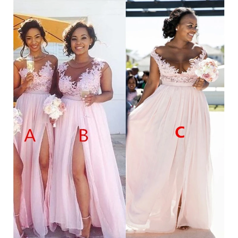

Pink A Line Bridesmaid Dresses 2019 New 3 Styles Floor Length Lace Applique Scoop Neck Formal Bridesmaids Dress