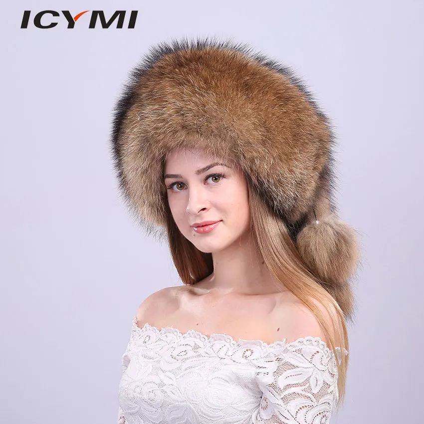 ICYMI Whole Piece Raccoon Fur Hats Unisex Super Warm Russian Outdoor PomPom Caps Skiing Snow Real Fur hats Women Men's Headgear