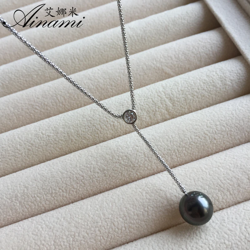 [Ainami] длинная цепочка 45 + 4 см Серебро S925 пробы Черный таитянский жемчуг кулон