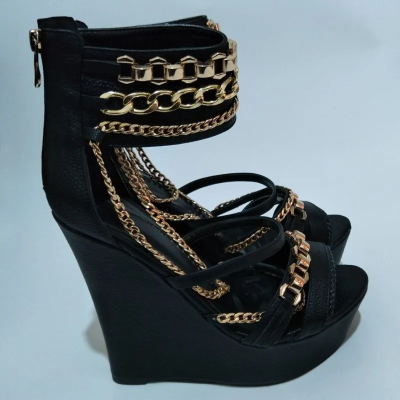 

2019 Fashion stylish free mail black leather chain decoration sandals stiletto sand wedges sandals women's shoes