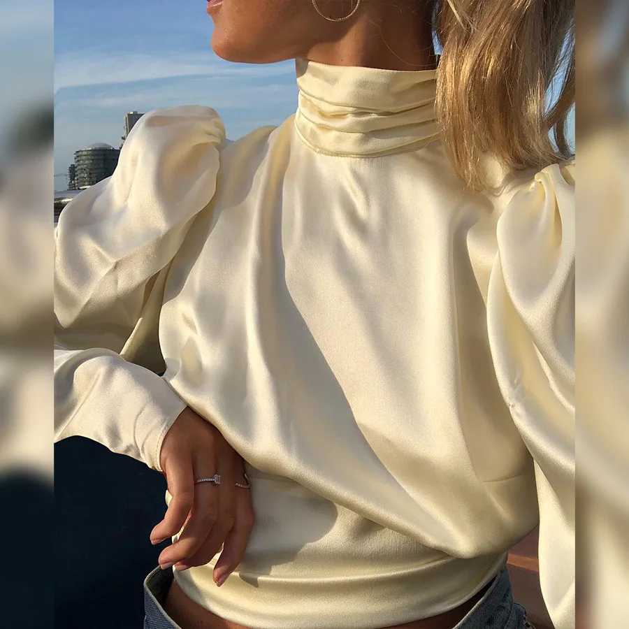 Женская блузка с высоким воротом шелковая длинным рукавом и бантом на спине лето