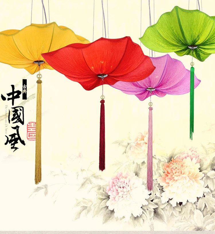 Тканевый квадратный подвесной светильник в китайском стиле с листьями лотоса