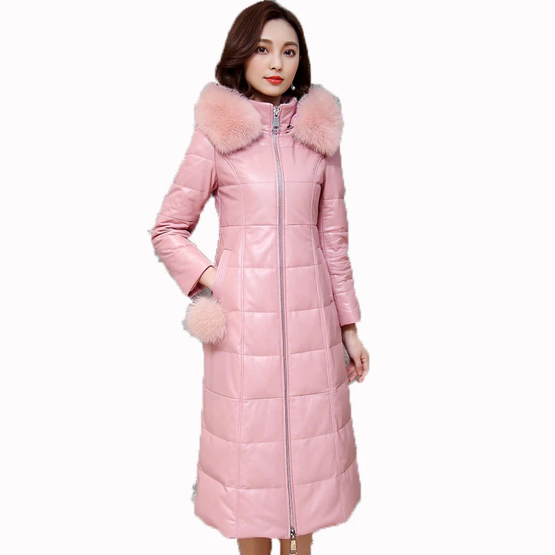 Куртка из натуральной кожи с лисьим меховым воротником осенне зимняя женская