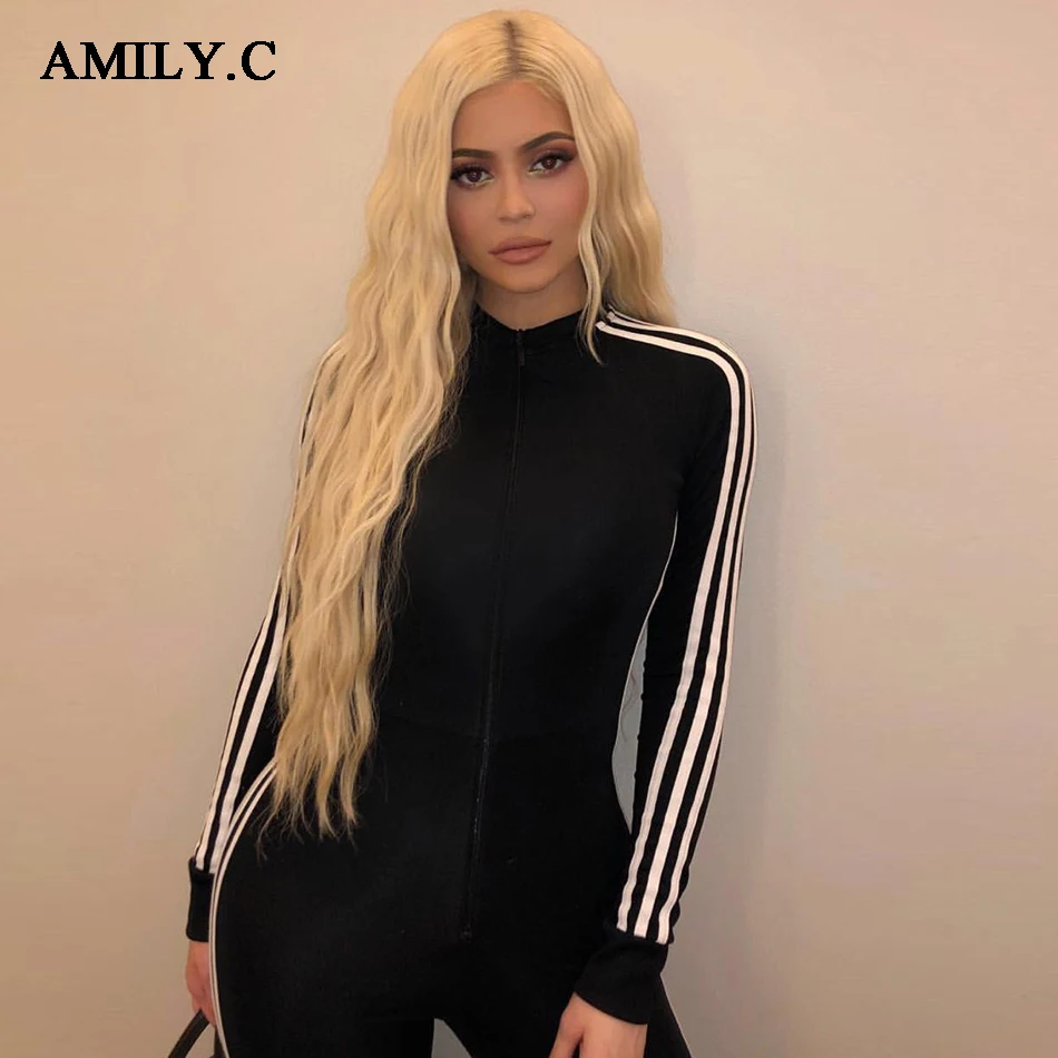 Женский черный комбинезон Amily.c модный тренировочный костюм с длинными рукавами и