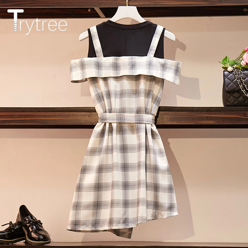 Женское клетчатое платье Trytree офисное лоскутное с круглым вырезом пояс оборками