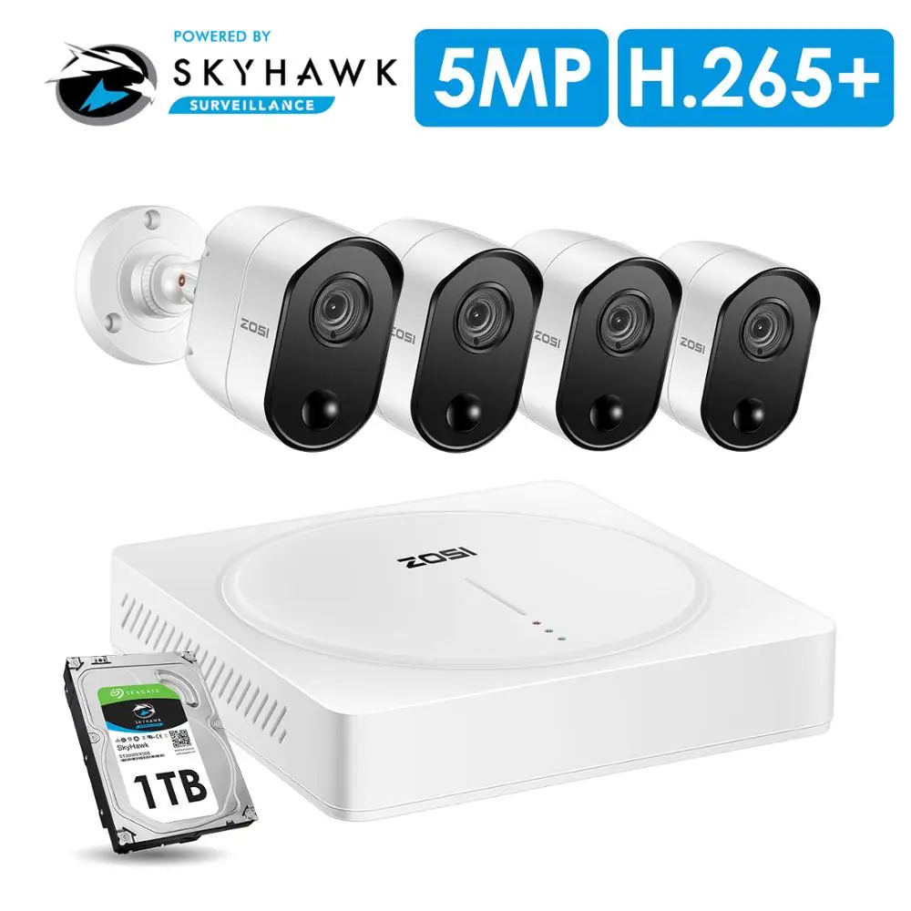 ZOSI 5.0MP 4CH домашние камеры безопасности системы, H.265+ наблюдения 4 канала DVR с(4) x 5MP PIR датчик движения камеры безопасности