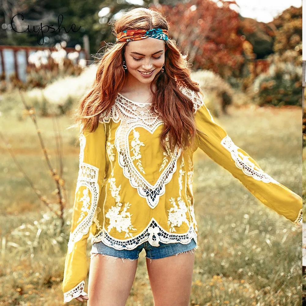 CUPSHE женская желтая кружевная кроше топы Сексуальная Свободная блузка Футболка