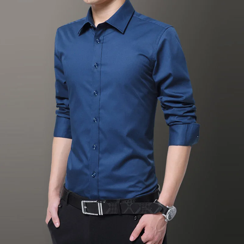 2019 New Autumn Work Men's Lapel Shirt Casual Business Washed Slim Fit Long Sleeve Shirts Cotton Dress |