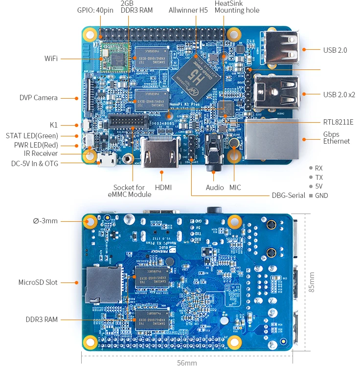 RealQvol FriendlyARM NanoPi K1 плюс Allwinner H5, 64-разрядным четырёхъядерным A53 Mali450 2 Гб DDR3 Оперативная память WI-FI HDMI RTL8211E Gigabit Ethernet