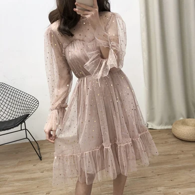 mesh dress Корейское платье, блестящее платье с пайетками, женское Сетчатое прозрачное гофрированное сексуальное вечернее платье, элегантное,, зимняя Корейская черная одежда, Халат - Цвет: mesh dress