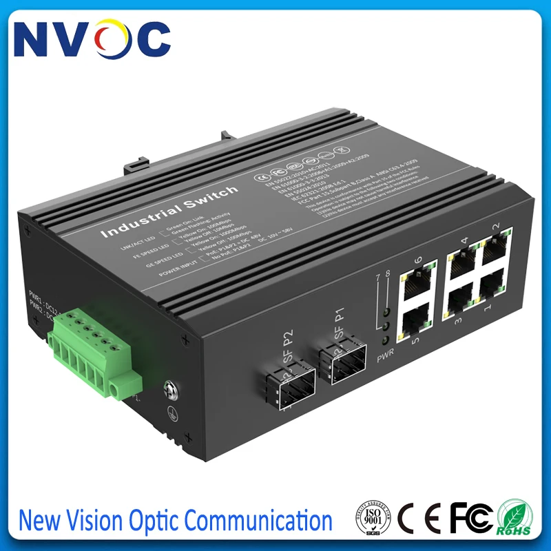 100 м 2 слота SFP + 10/100 6 портов RJ45 неуправляемый промышленный волоконный медиа